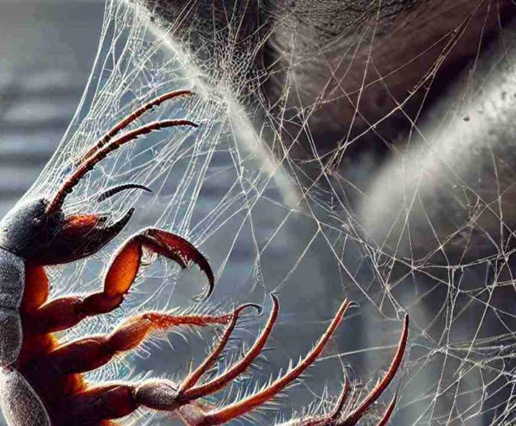 Claws caught in a spider’s web, delicately hanging between tree branches in a mysterious forest setting.