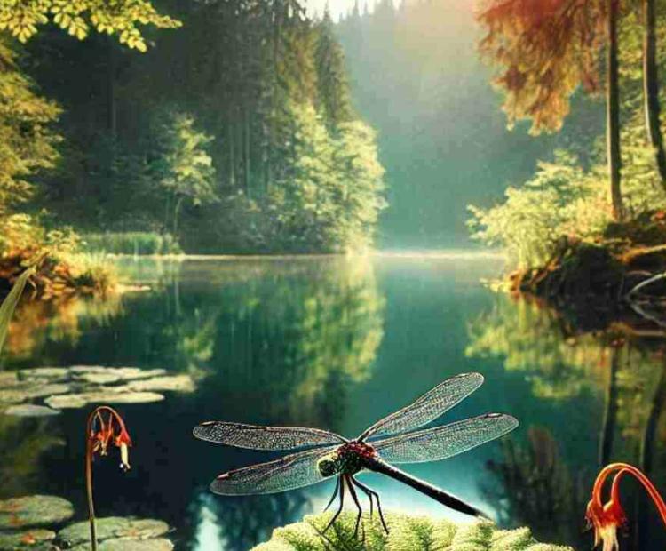 A dragonfly resting on a leaf, basking in the warmth of the sun and surrounded by greenery.