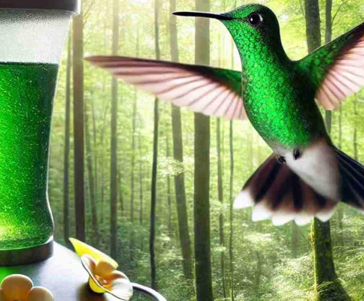 A green-winged hummingbird caught in mid-flight, sipping nectar from a bright, colorful flower.